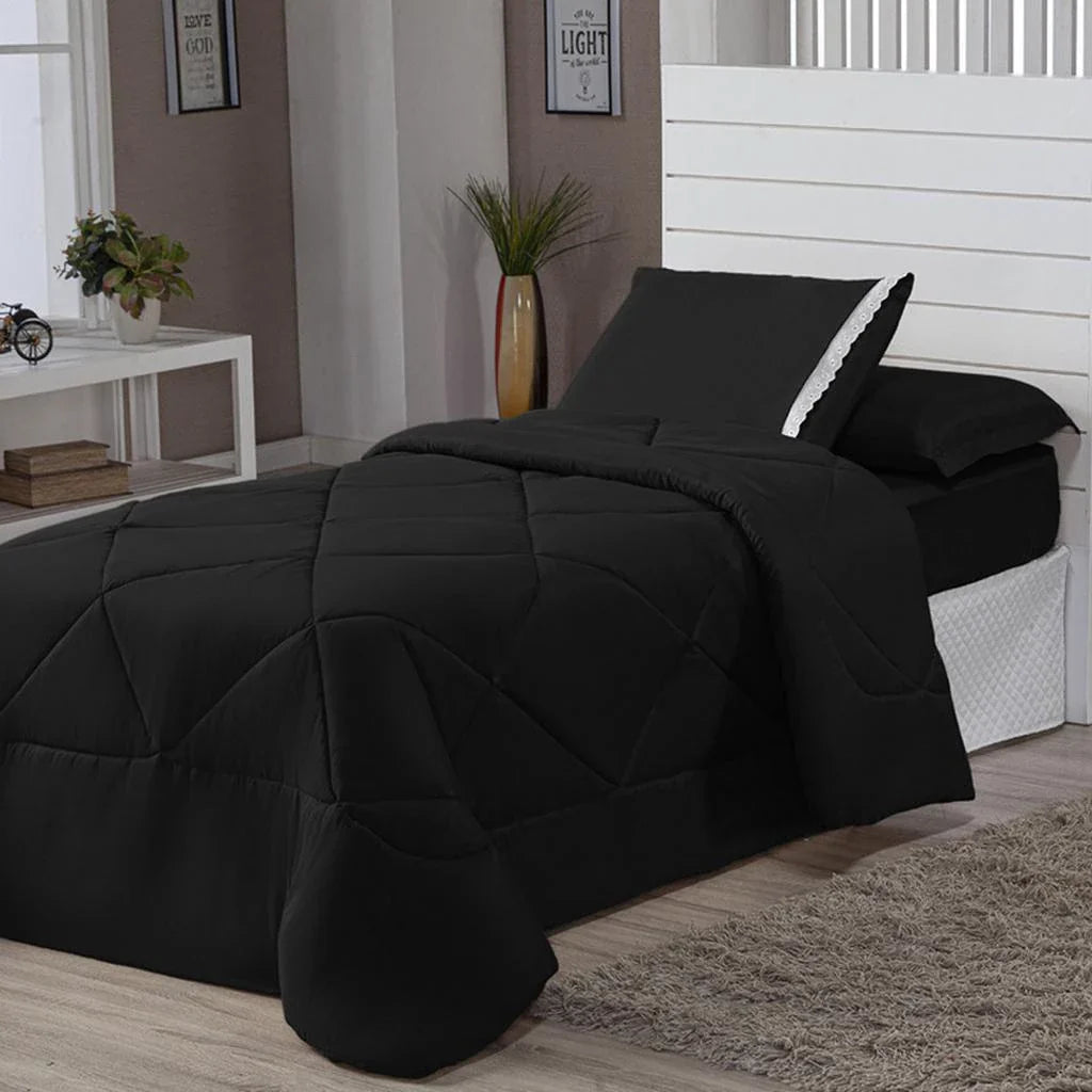 Kit Edredom Solteiro Dupla Face + Lençol 4 Pçs Preto Cinza