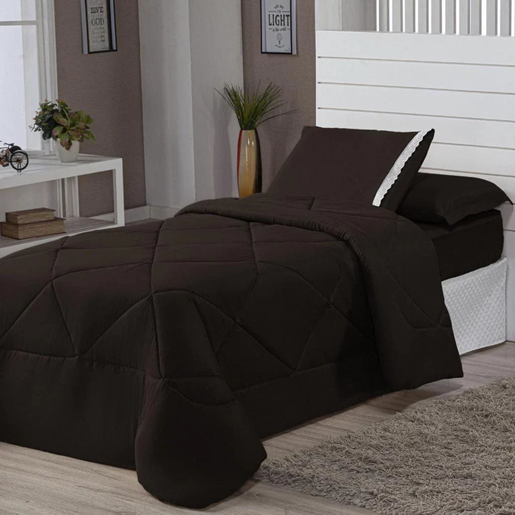 Kit Edredom Solteiro Dupla Face + Lençol 4 Pçs Preto Cinza