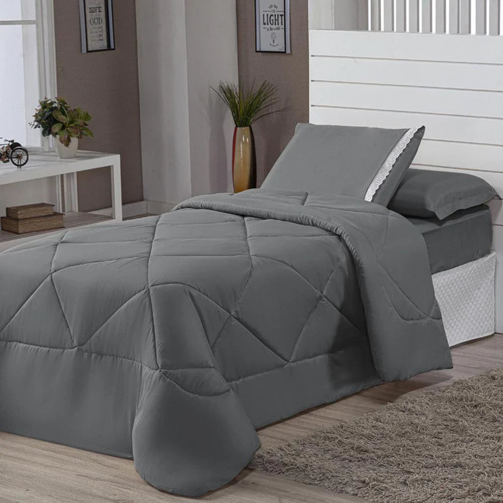 Kit Edredom Solteiro Dupla Face + Lençol 4 Pçs Preto Cinza