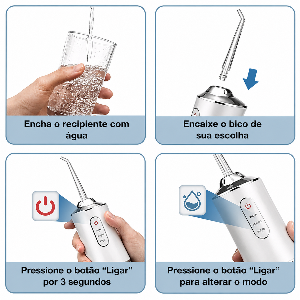 🦷AquaSmile Pro™ – Irrigador Bucal Portátil Recarregável 💧