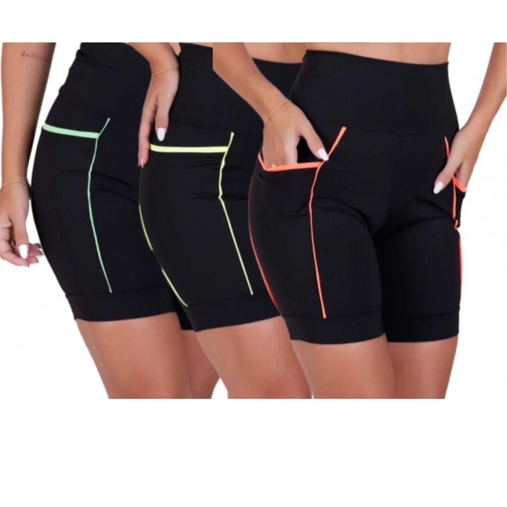 Kit 3 Bermudas Fitness com Cós Alto e Bolsos Fundos - PowerFit 3X