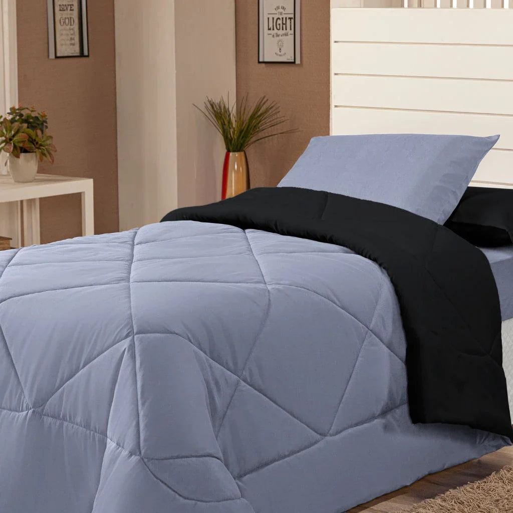 Kit Edredom Solteiro Dupla Face + Lençol 4 Pçs Preto Cinza