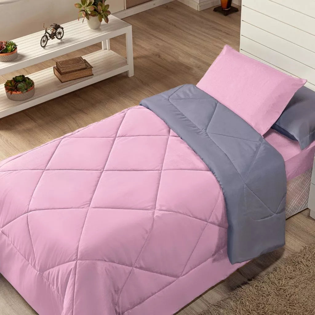 Kit Edredom Solteiro Dupla Face + Lençol 4 Pçs Preto Cinza