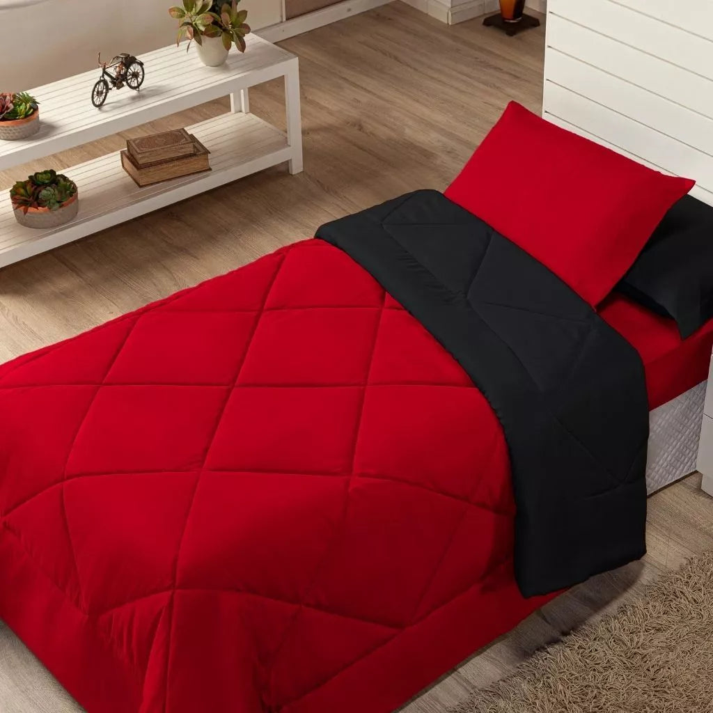 Kit Edredom Solteiro Dupla Face + Lençol 4 Pçs Preto Cinza