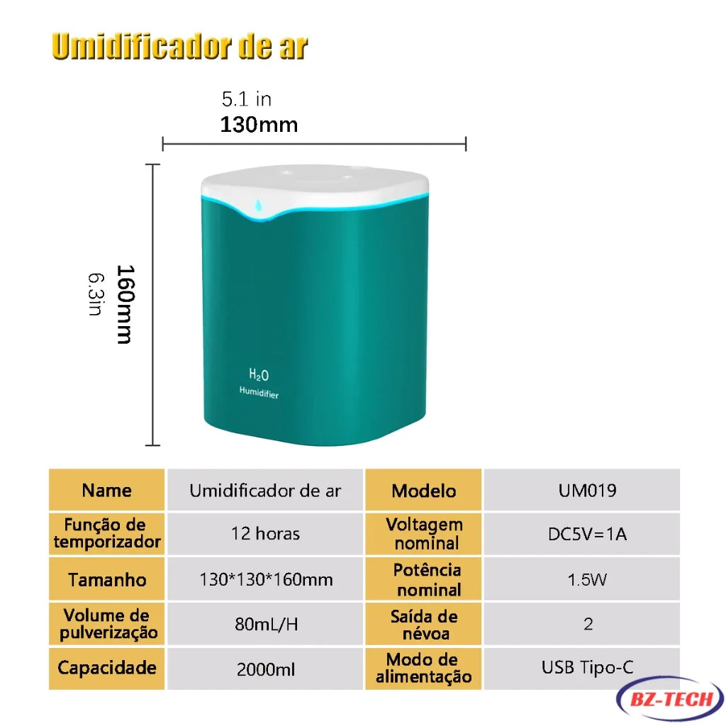 Umidificador Aromatizador 2L Bico Duplo USB LED