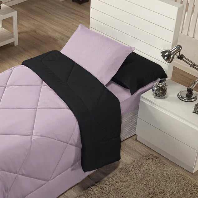 Kit Edredom Solteiro Dupla Face + Lençol 4 Pçs Preto Cinza