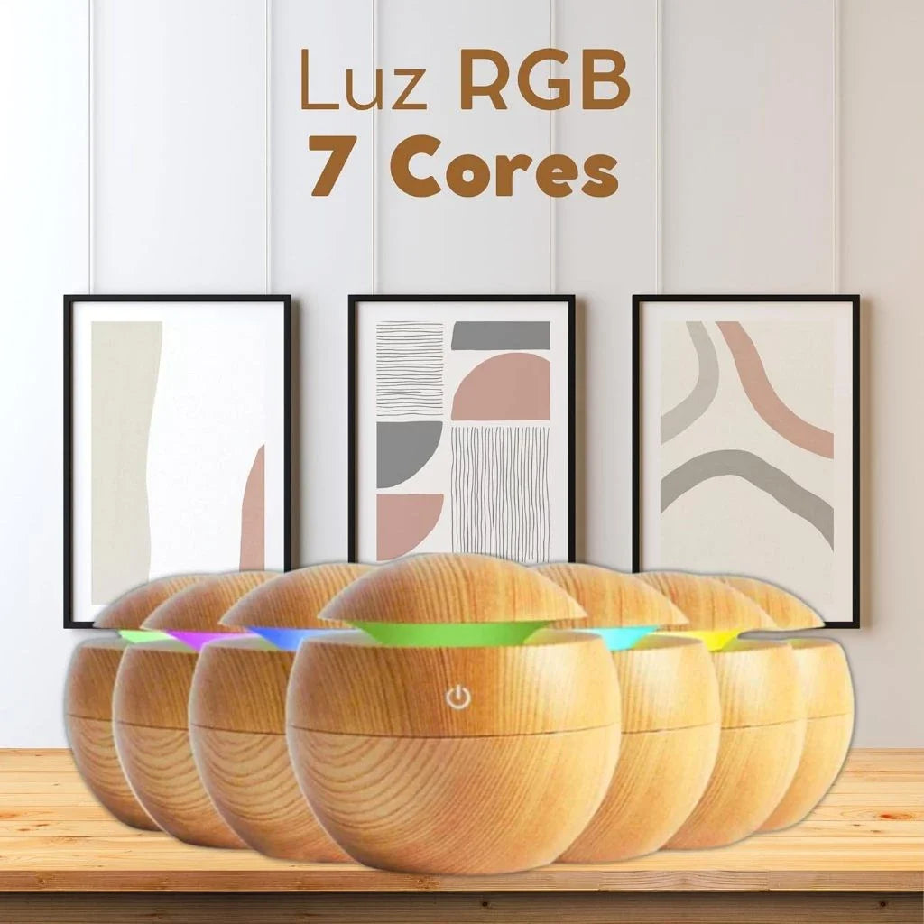 Umidificador Ultrassônico USB, Difusor de Aroma e Óleo Essencial, Purificador Led 7 Cores Madeira - Portátil