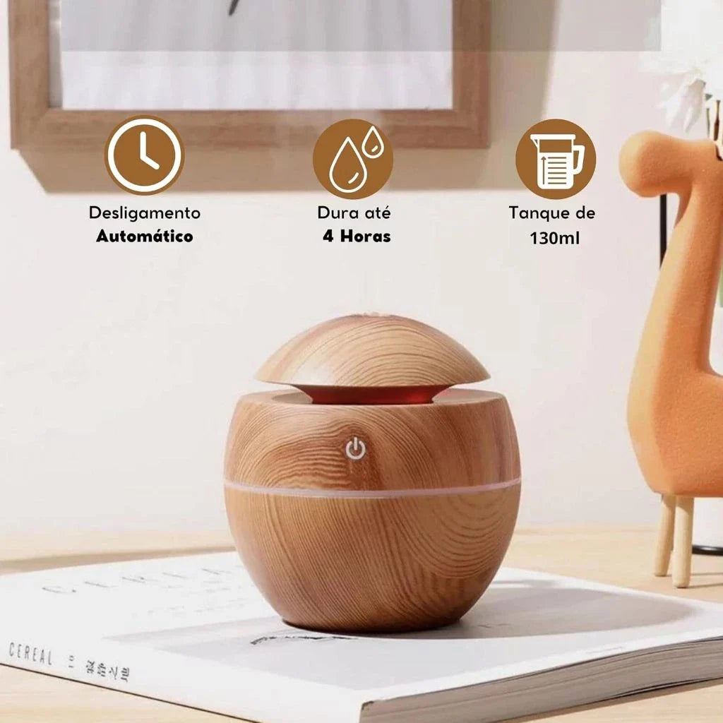Umidificador Ultrassônico USB, Difusor de Aroma e Óleo Essencial, Purificador Led 7 Cores Madeira - Portátil
