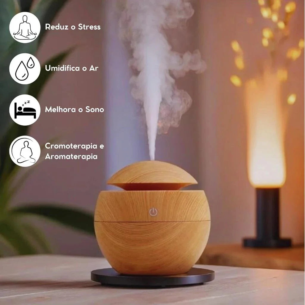 Umidificador Ultrassônico USB, Difusor de Aroma e Óleo Essencial, Purificador Led 7 Cores Madeira - Portátil