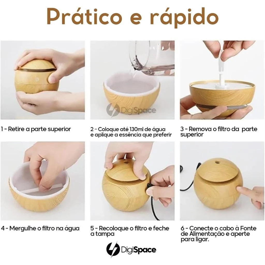 Umidificador Ultrassônico USB, Difusor de Aroma e Óleo Essencial, Purificador Led 7 Cores Madeira - Portátil